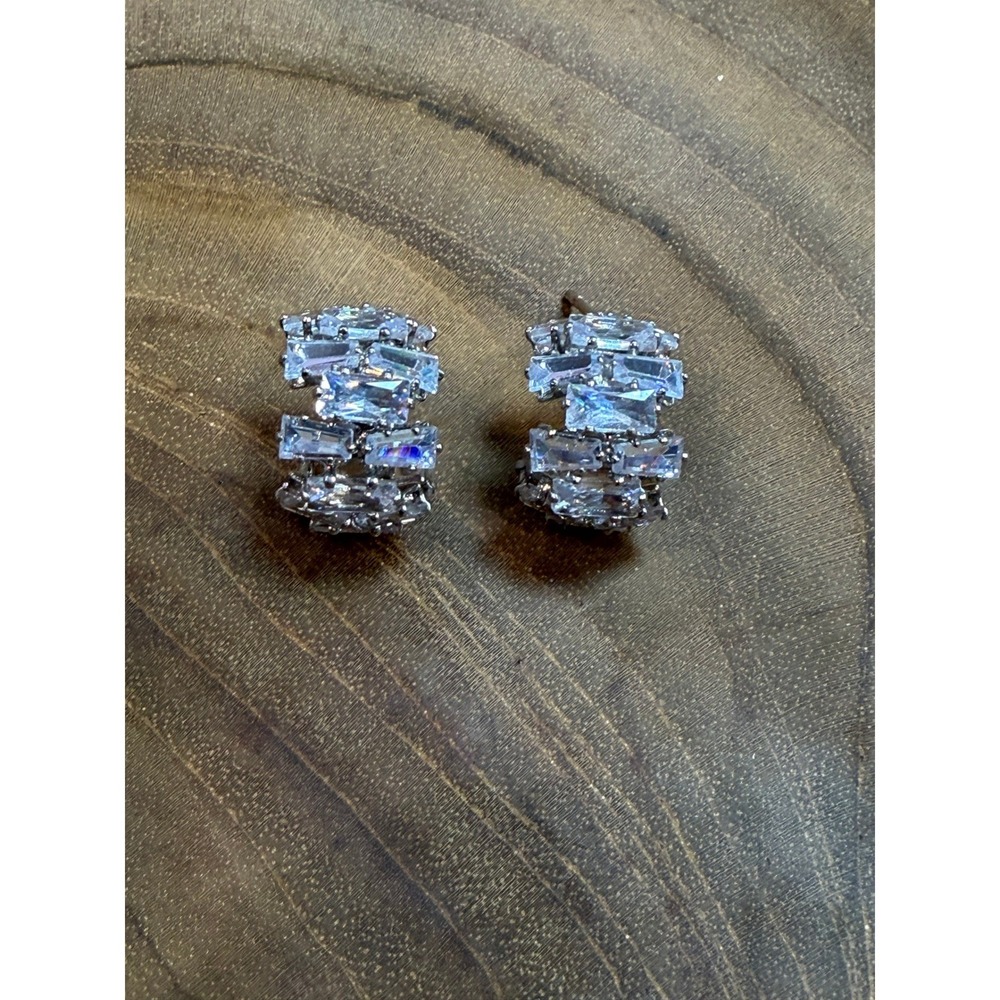 Silver Baguette Cubic‎ Zirconia C-Hoop Earrings Clear Stone Huggie Post Back NEW